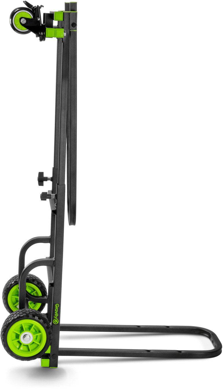 Un chariot à main pliable vu de côté, avec des roues vertes et un châssis noir ; compact et facile à transporter.