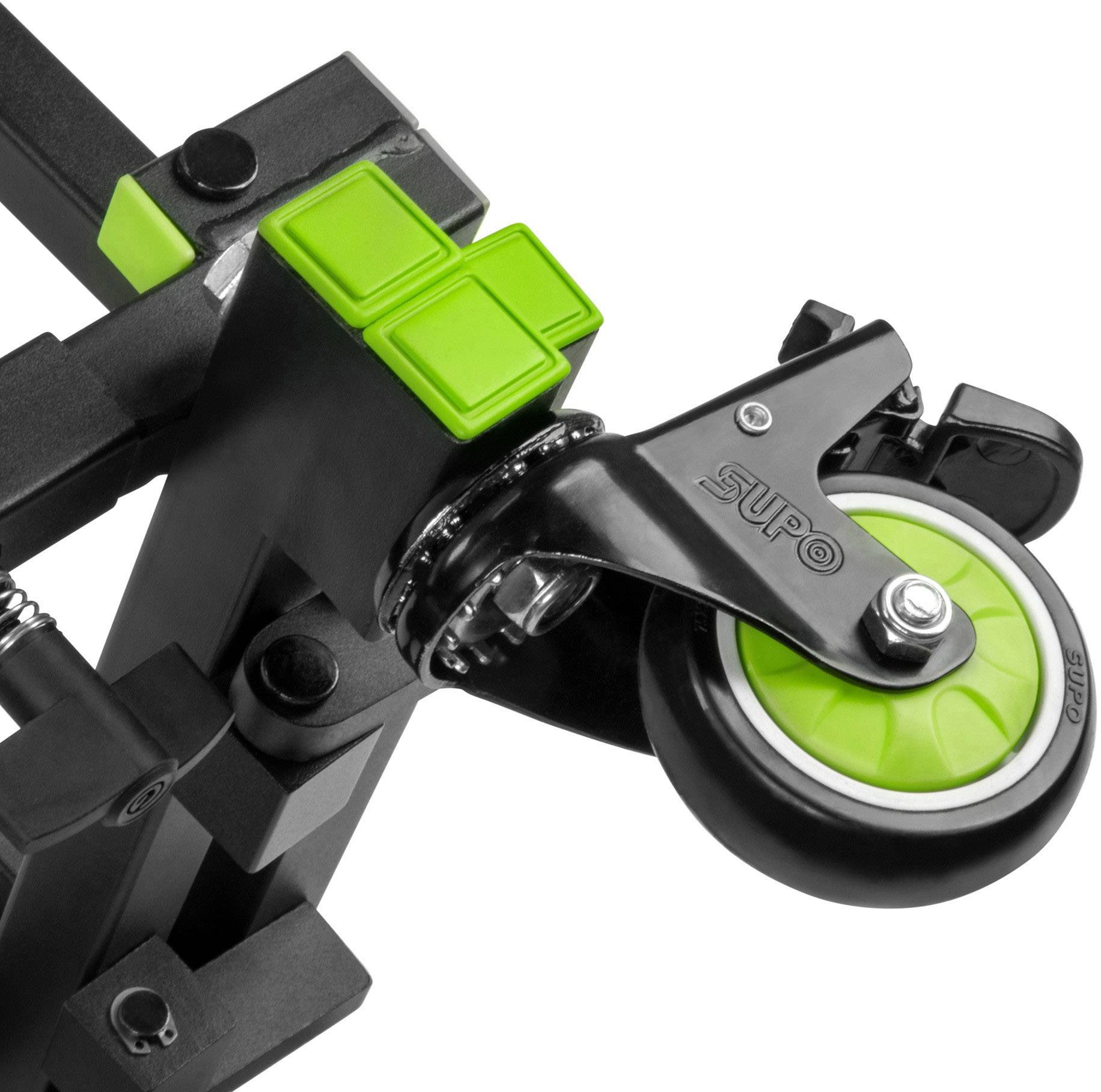 Un meuble noir monté sur des roulettes vertes et doté de boutons, adapté à une utilisation polyvalente dans des environnements industriels ou domestiques.