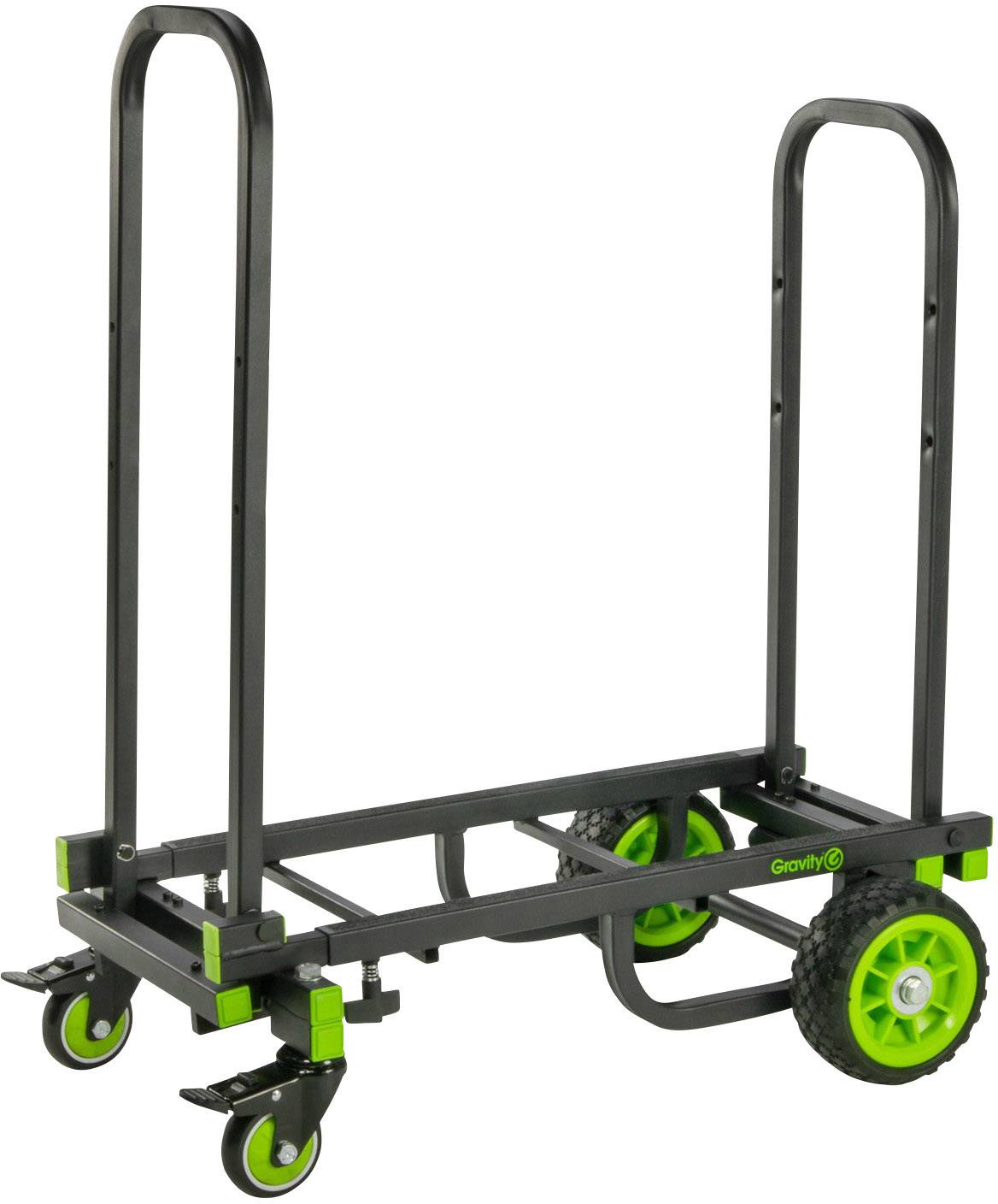 Un chariot de transport noir avec des roues et des poignées vertes, adapté au déplacement de charges, présenté sur un fond blanc.