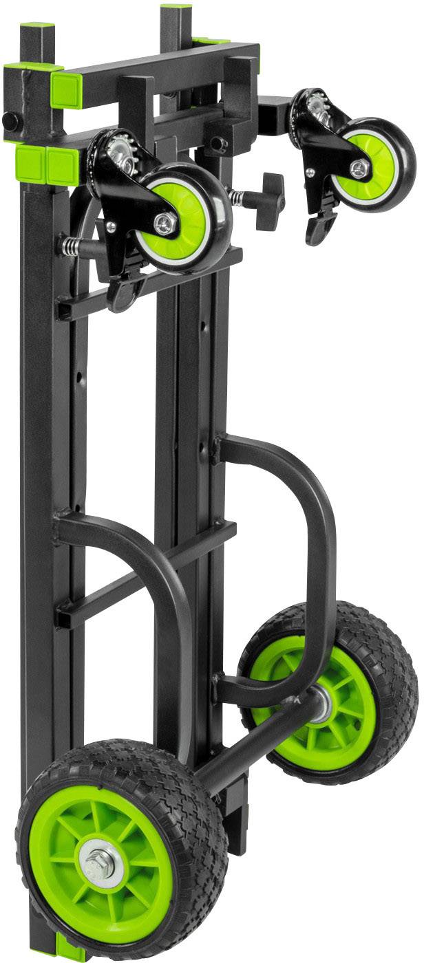 Chariot de transport pliable avec des roues vertes. Poignée sur le dessus, plié pour un rangement économisant l'espace.