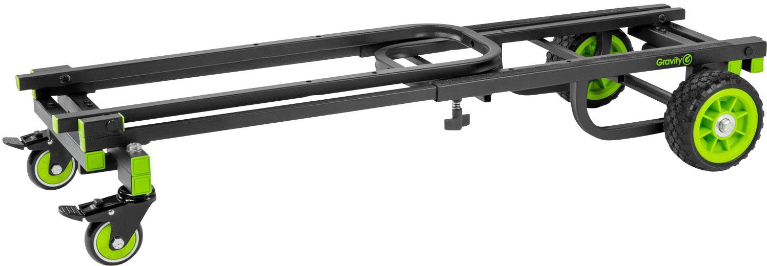 Chariot de transport pliable avec des roues vertes et un châssis noir, idéal pour le transport de charges lourdes.
