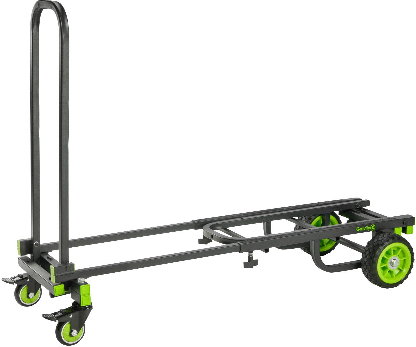 Un chariot de transport noir avec des roues et des poignées soulignées de vert, adapté au transport d'équipements ou de colis.