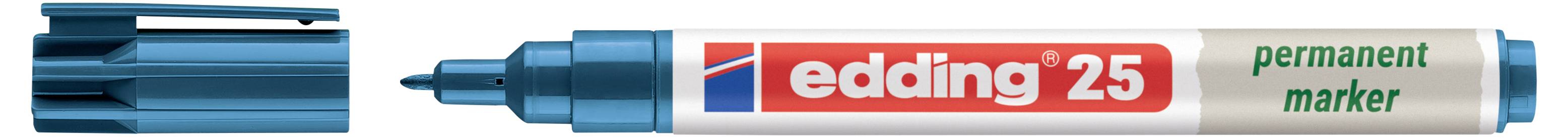 Stylo marqueur permanent bleu Edding 25 présenté avec son bouchon retiré, révélant la pointe bleue, et l'étiquette Edding 25 sur le corps du stylo.