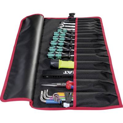 Un ensemble d'outils ouvert comprenant divers tournevis, clés à molette, pinces et clés hexagonales dans une trousse à outils noire à roulettes.