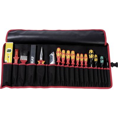 'Trousse à outils contenant divers outils manuels : niveau à bulle, pinceau, pince, couteau à tapis et tournevis de différentes tailles.'