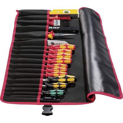 Un étui à outils ouvert montre une variété de tournevis et d'outils, rangés dans des compartiments bordés de rouge.