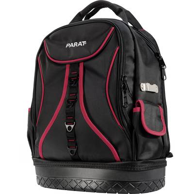 Sac à dos noir avec des accents rouges, design robuste et de nombreuses poches pour les outils. Adapté aux artisans et techniciens.