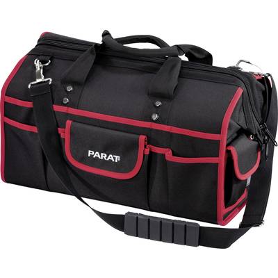 Sac à outils noir avec des accents rouges et plusieurs compartiments, incluant une bandoulière. Marque : 'PARAT'.