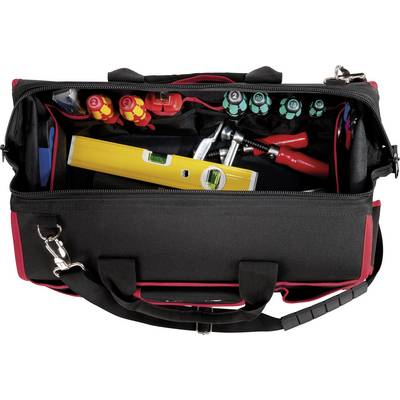 Un sac à outils ouvert contenant divers outils manuels : des tournevis, un niveau à bulle, des pinces et d'autres outils sont visibles.