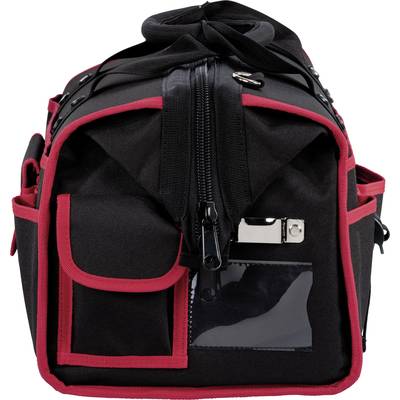 Sacoche à outils noire avec des bords rouges, plusieurs compartiments et une fenêtre transparente à l'avant. La sacoche est fermée par une fermeture éclair en haut.