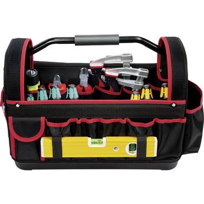 Un sac à outils ouvert contenant plusieurs outils manuels, dont des pinces et un instrument de mesure, est soigneusement disposé.