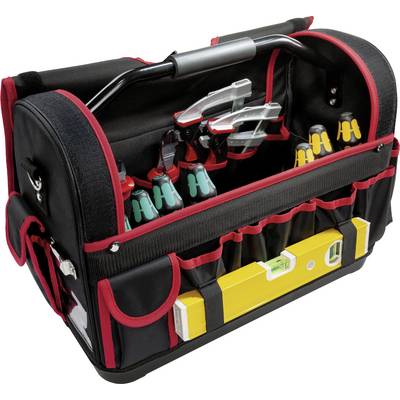 Un sac à outils noir avec des coutures rouges, rempli de différents outils manuels tels que des pinces et un niveau à bulle jaune.