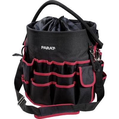 Sac à outils noir avec bordure rouge et plusieurs compartiments, poignée de transport et bandoulière. Nom de marque 'PARAT' sur le sac.