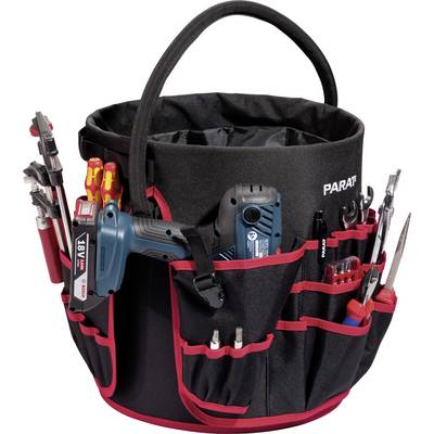 Sac à outils en tissu avec bordure rouge, rempli de divers outils tels que tournevis, pince et perceuse sans fil.