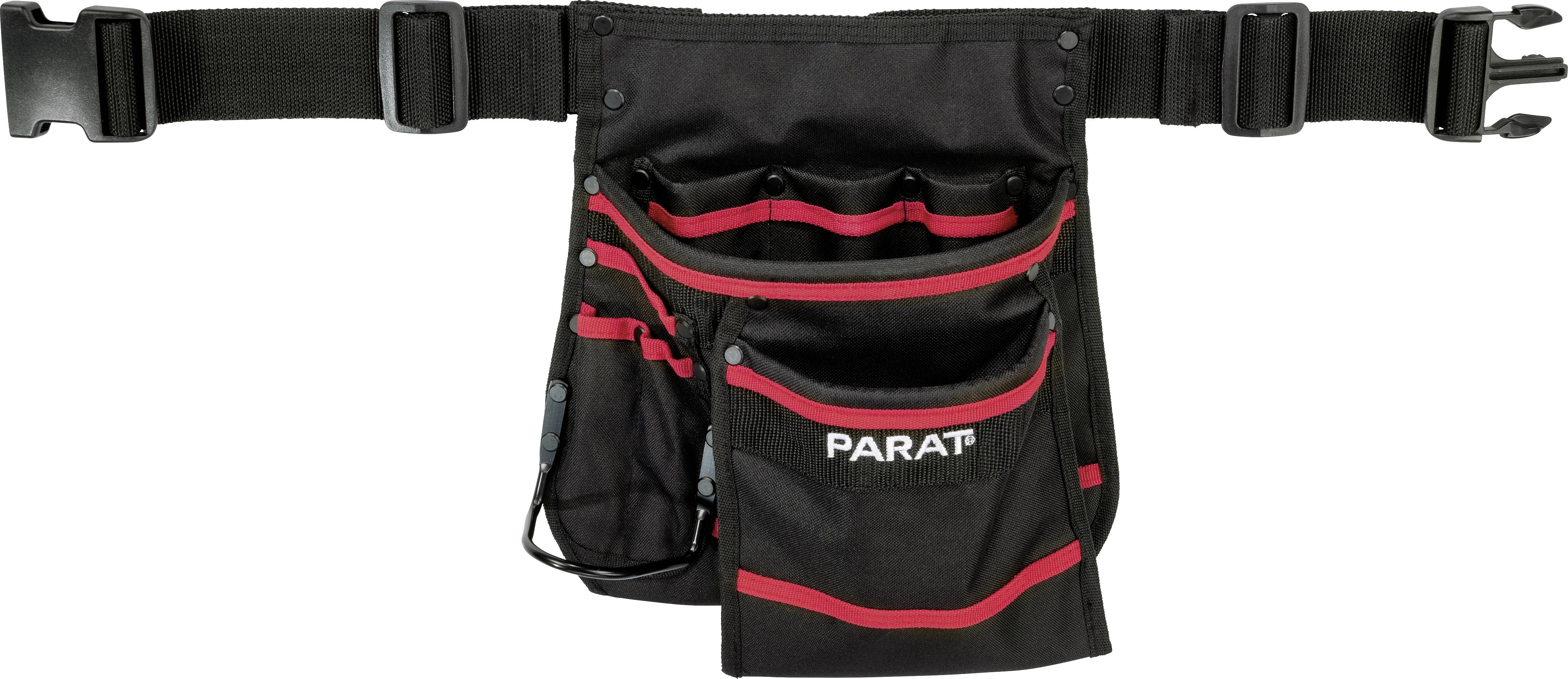 Ceinture à outils noire avec plusieurs poches et couture décorative rouge, marque 'Parat', adaptée au transport des outils.