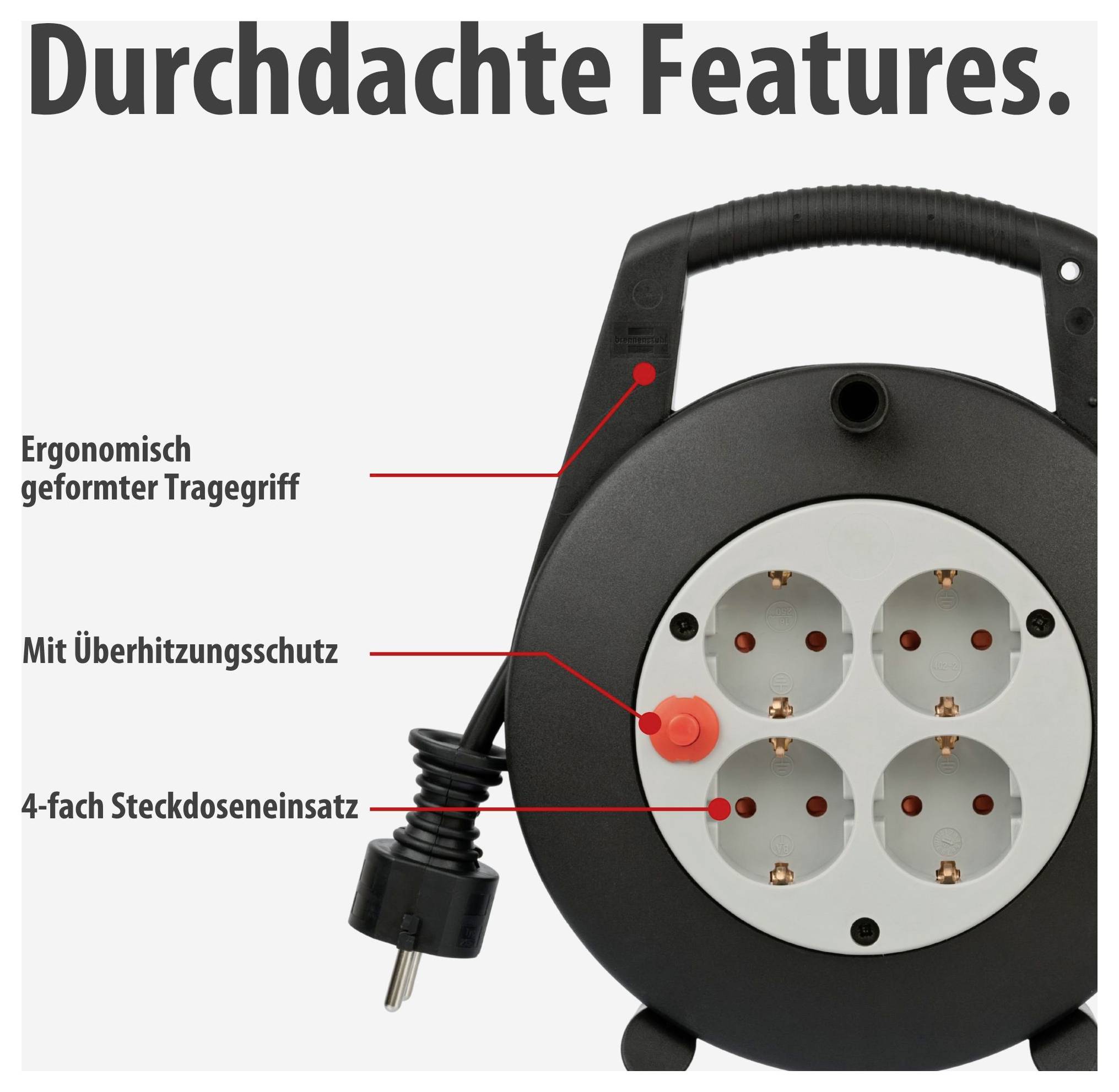 Bobine de câble noire avec quatre prises de courant ; étiquetée avec « Caractéristiques réfléchies », poignée de transport ergonomique et protection contre la surchauffe.
