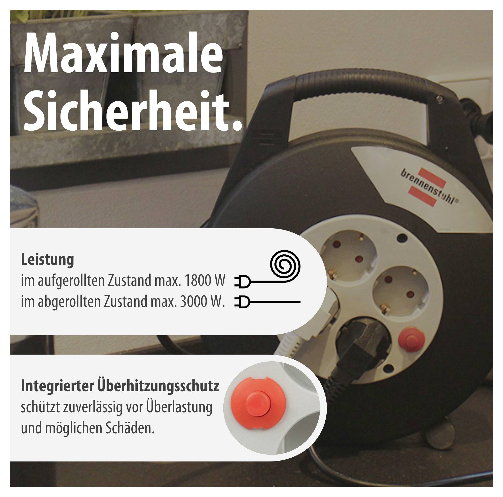 Image publicitaire d'un enrouleur de câble avec le texte « Sécurité maximale » et les spécifications suivantes : Puissance 1800 W enroulé, 3000 W déroulé ainsi qu'une protection contre la surchauffe intégrée.
