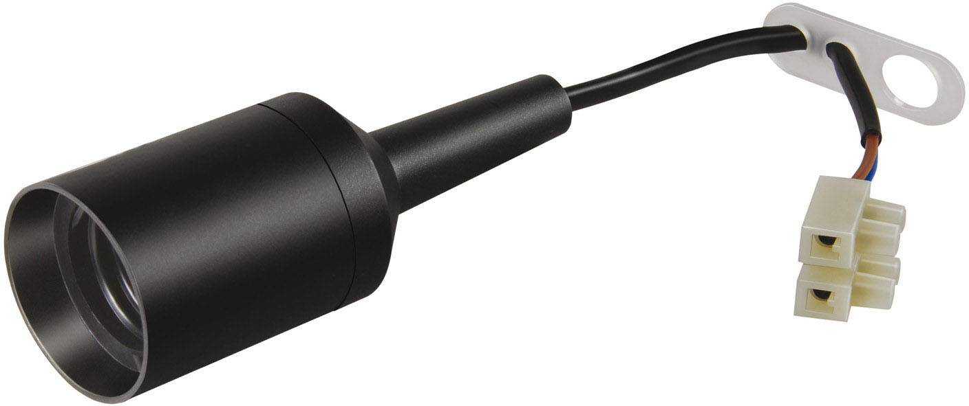 Capteur cylindrique noir avec câble et connecteur, potentiellement adapté aux applications électroniques ou aux connexions.