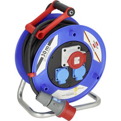 Enrouleur de câble portable bleu avec câble noir de 30m, poignée rouge et deux prises, monté sur un châssis métallique avec une fiche d'alimentation rouge.