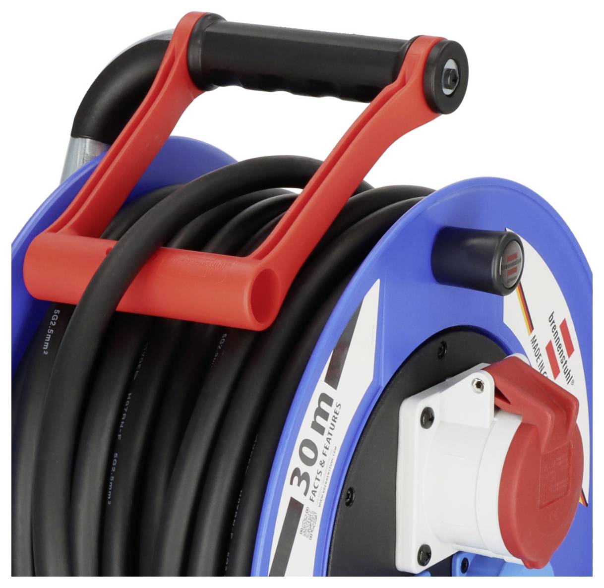 Enrouleur de tuyau portable avec tuyau noir, bobine bleue et poignée de transport et manivelle rouges, utilisé pour le rangement et l'enroulement du tuyau.