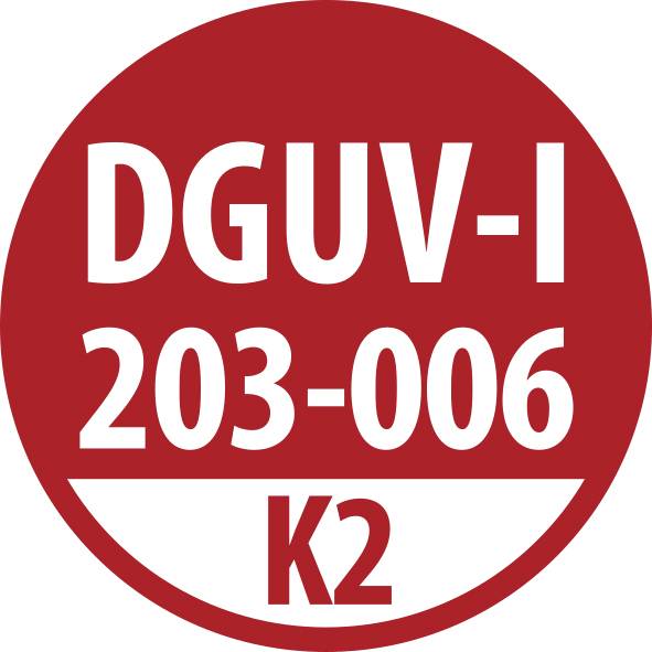 Étiquette circulaire rouge portant « DGUV-I 203-006 » et « K2 » en blanc et rouge.