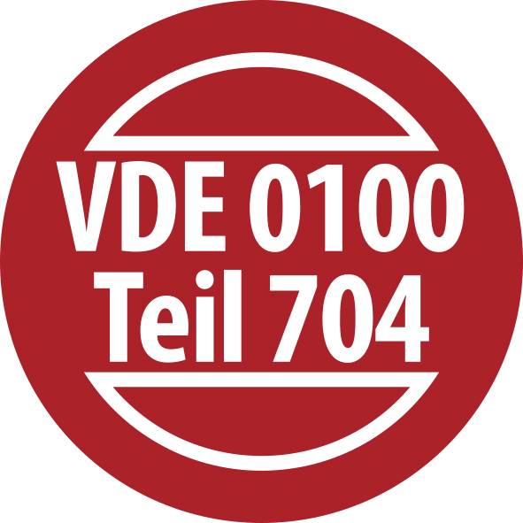 Logo de certification de sécurité VDE circulaire rouge portant l'inscription « VDE 0100 Teil 704 ».