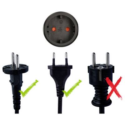 Guide de compatibilité des prises électriques montrant deux prises européennes à 2 broches correctes marquées de cases à cocher vertes et une prise incompatible marquée d'une croix rouge.