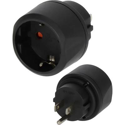 Deux adaptateurs de prise électrique noirs présentés sur fond blanc, l'un en vue de face et l'autre en angle avec les broches métalliques visibles.