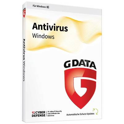 'G DATA Antivirus' pour Windows, emballage avec logo rouge. Offre une protection cybernétique, mises à jour automatiques. Adapté à 35 ans de sécurité informatique.