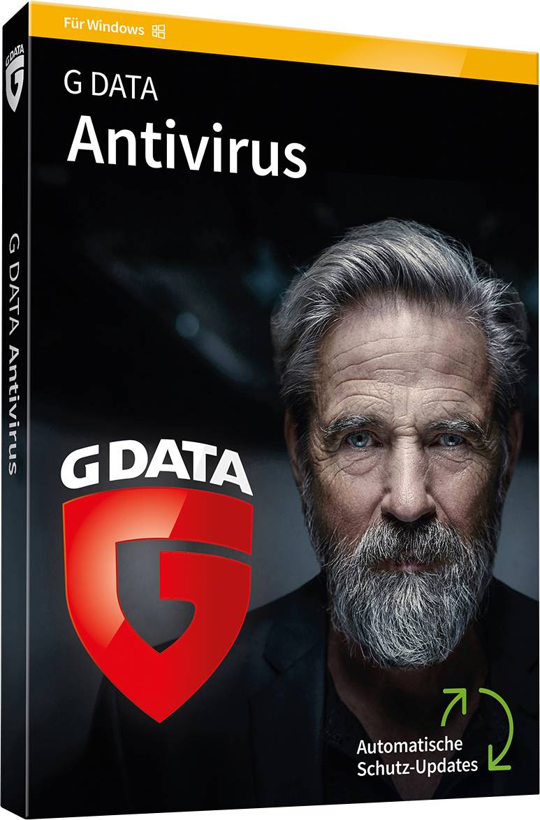 G DATA Antivirus, emballage avec l'image d'un homme âgé, logo G DATA et mention de mises à jour de protection automatiques. Compatible Windows.