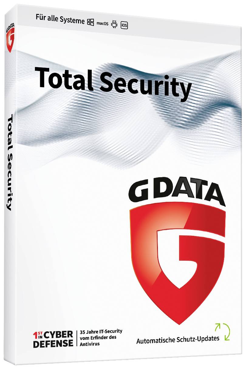 Emballage 'G DATA Total Security' affichant le logo, les informations de compatibilité avec macOS et les mises à jour de protection automatiques. 35 ans de sécurité informatique.