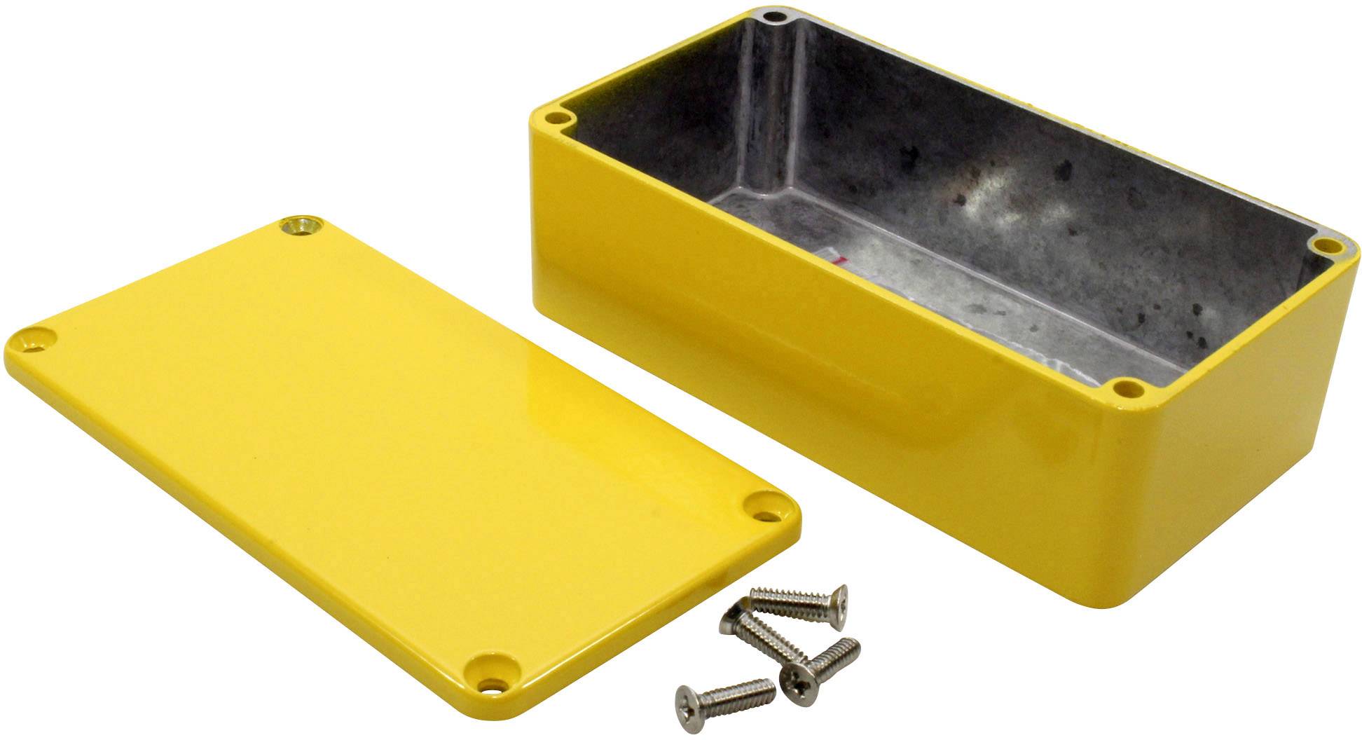 Boîtier jaune en métal avec couvercle amovible et quatre vis. Adapté pour le rangement sécurisé de composants électriques.