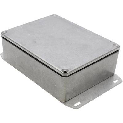 Boîtier métallique de forme rectangulaire avec coins arrondis, couvercle fixé par quatre vis.