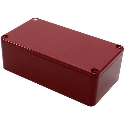 Boîtier rectangulaire rouge en métal, probablement destiné à des composants électroniques, sur fond blanc.