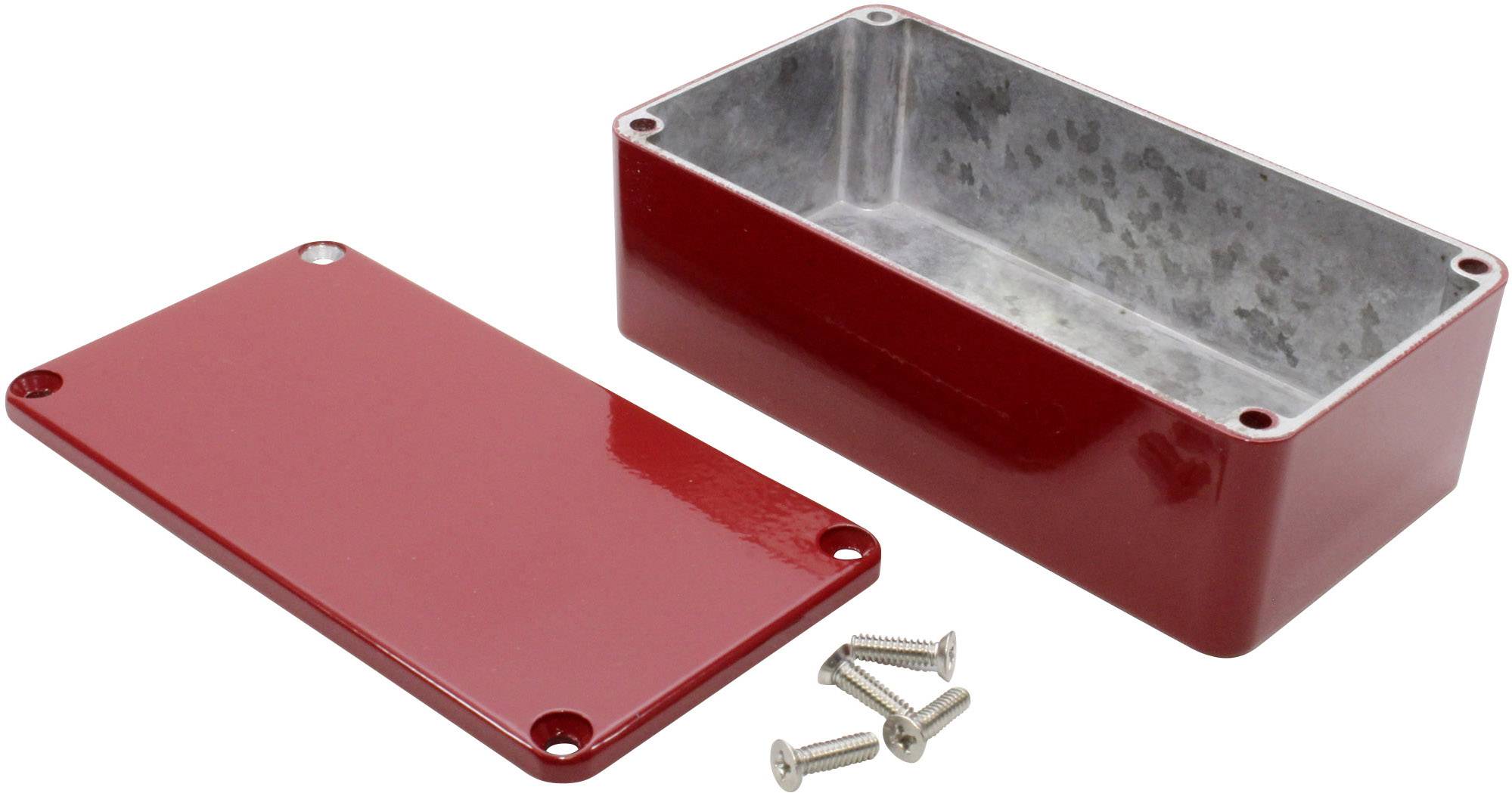 Boîtier métallique rectangulaire rouge avec son couvercle retiré, quatre vis à côté.