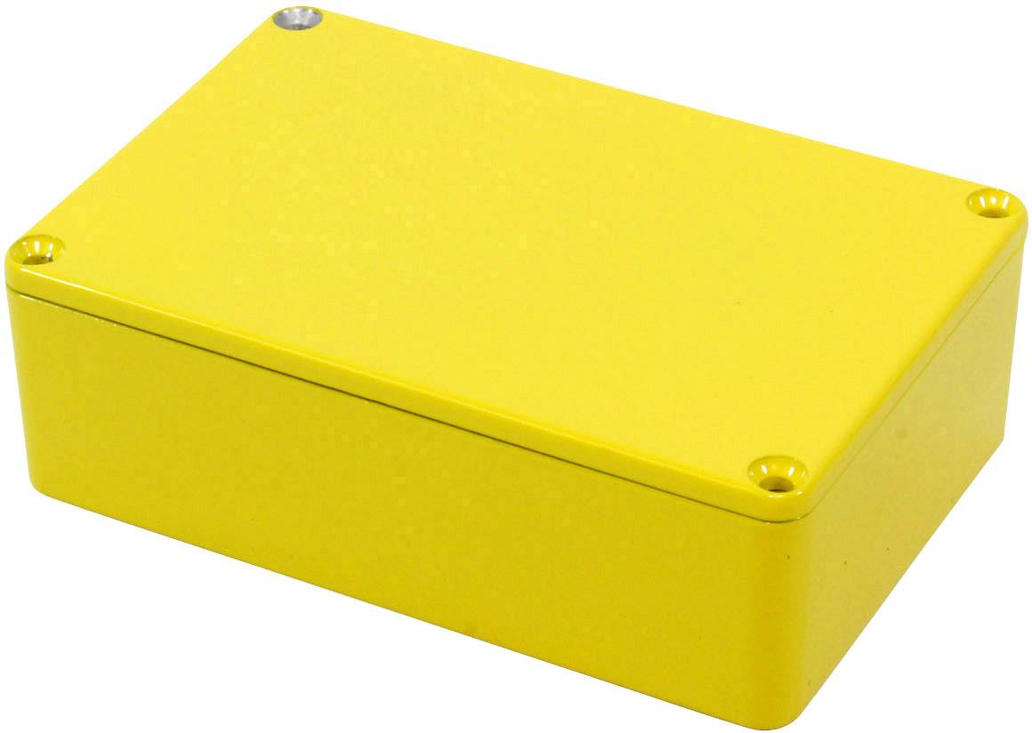 Boîtier métallique jaune rectangulaire avec quatre vis aux angles, sur fond blanc.