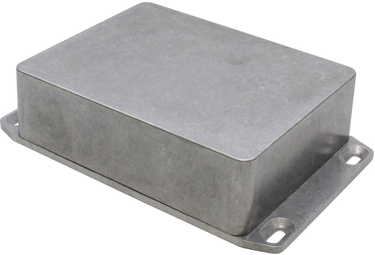 Boîtier métallique à base rectangulaire avec coins chanfreinés, adapté à la protection des composants électroniques.