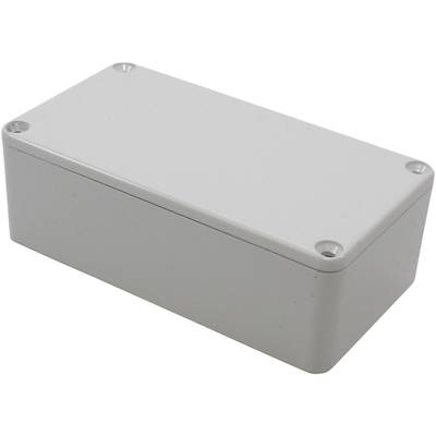 Boîtier rectangulaire gris avec des angles arrondis et quatre trous de vis.