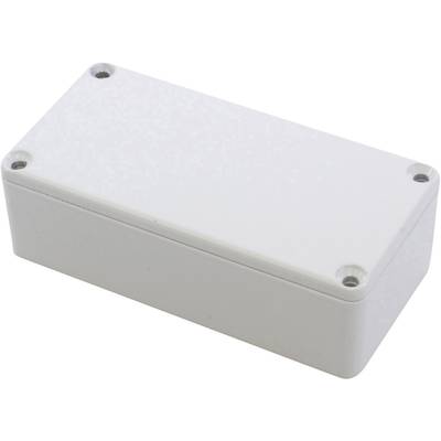 Boîtier en plastique blanc, rectangulaire, avec des coins arrondis et un couvercle fixé par quatre vis.