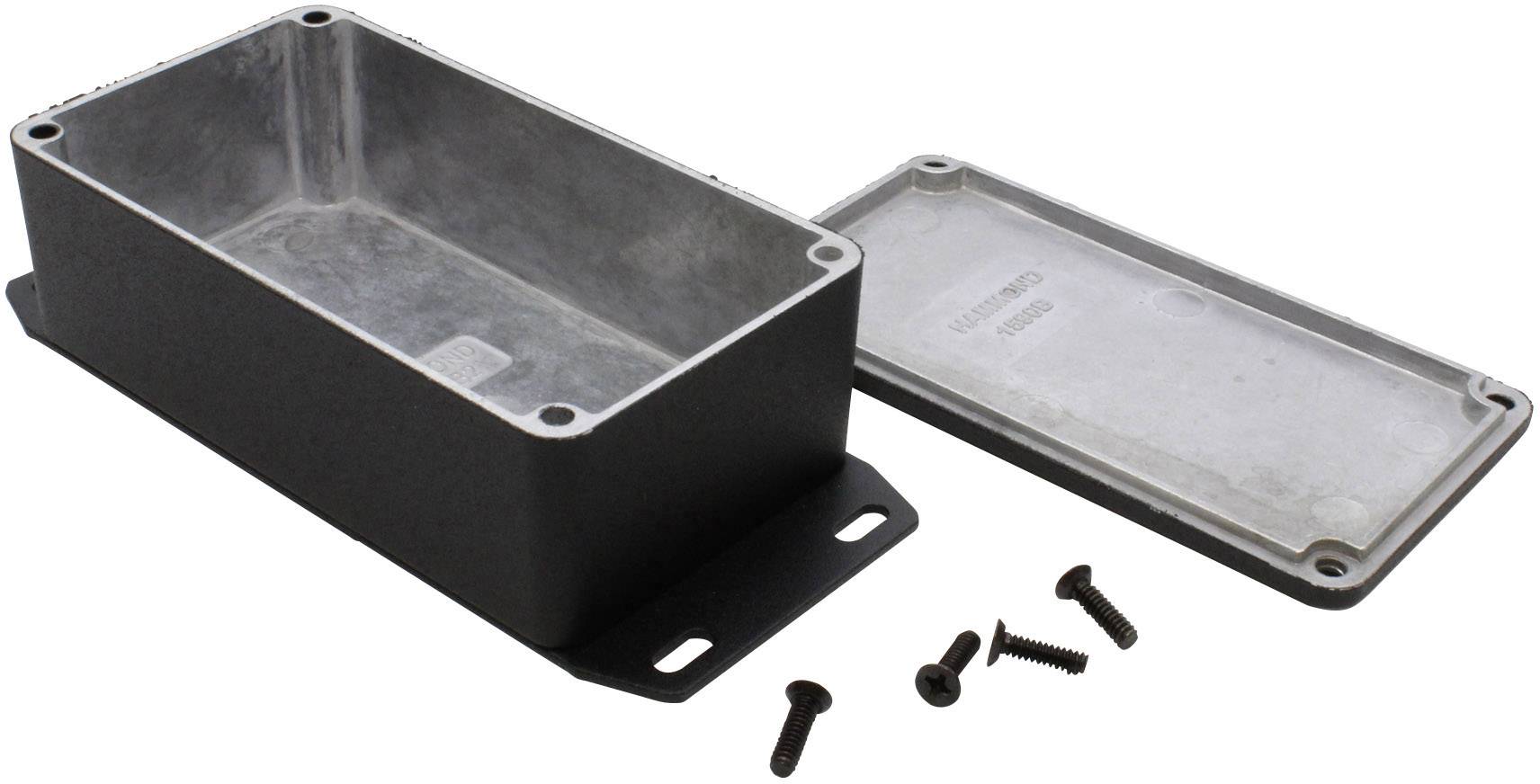 Boîtier métallique avec couvercle retiré et quatre vis à côté, adapté à une application électronique ou un montage en boîtier.