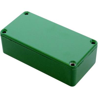 Boîtier en plastique vert, rectangulaire, avec des trous de vis dans les coins, adapté aux composants électroniques.