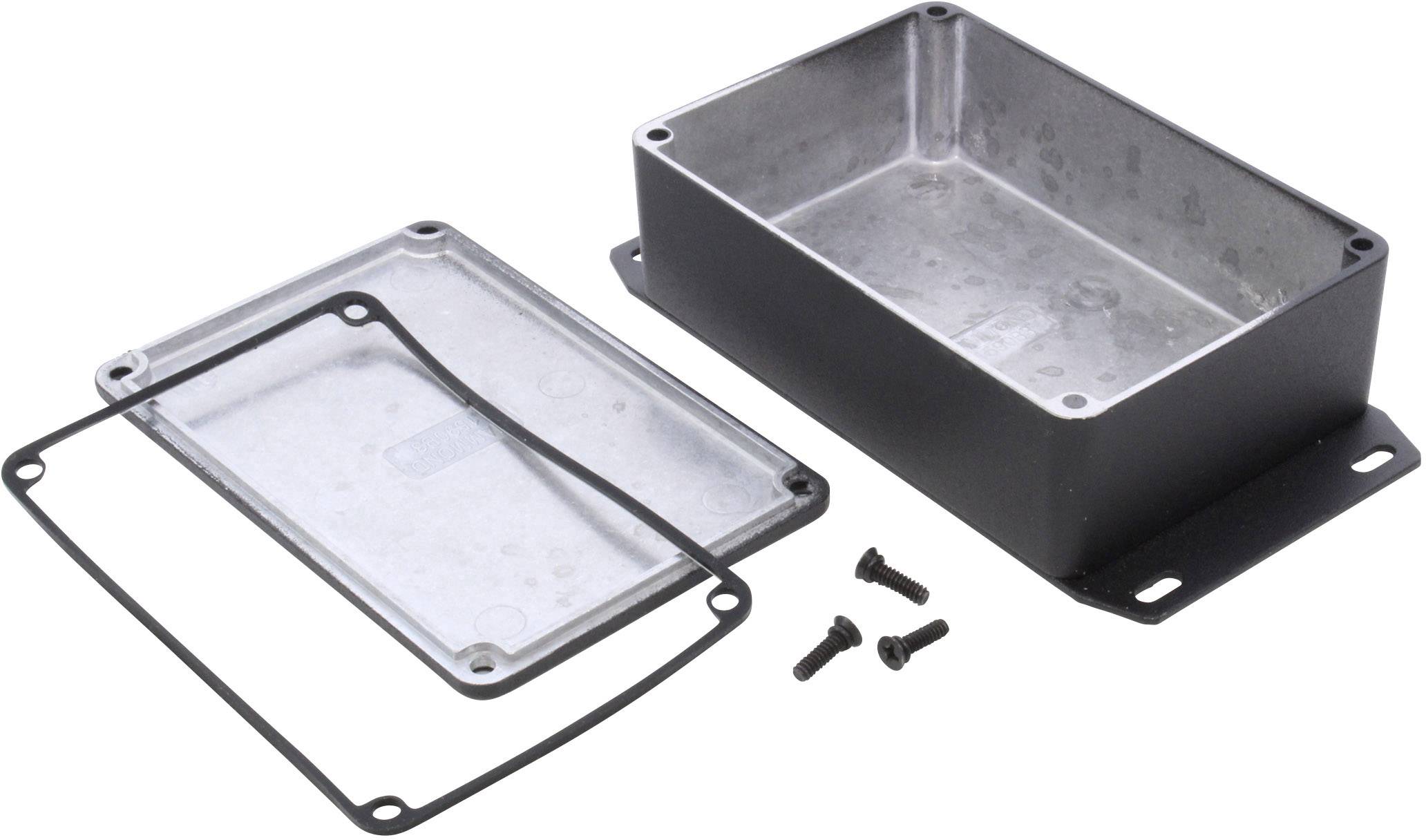 Boîtier rectangulaire en métal ouvert, comprenant un couvercle, un joint d'étanchéité et quatre vis. Adapté pour le montage de composants électriques.
