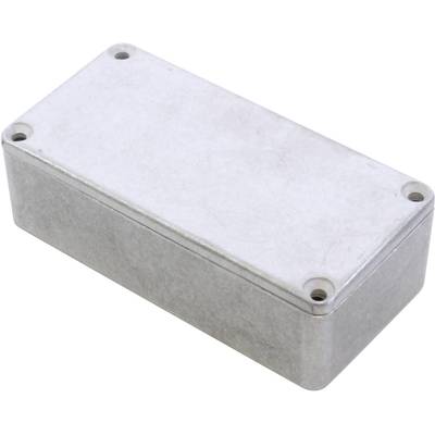 Un boîtier métallique rectangulaire gris avec quatre vis aux coins, typiquement utilisé pour les composants électroniques.