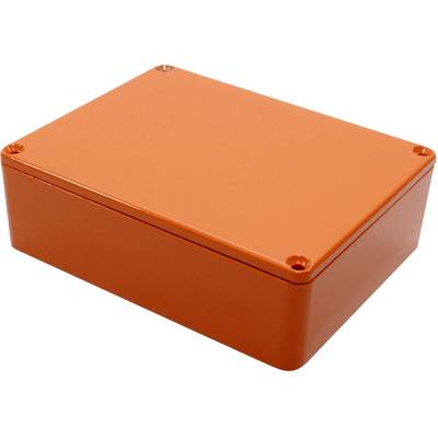 Boîte métallique orange, rectangulaire, plate, avec des coins arrondis et des vis aux angles.