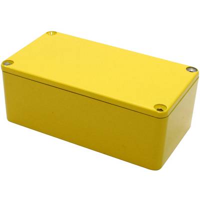 Boîtier rectangulaire jaune aux angles arrondis, muni de quatre vis à ses coins, probablement destiné à des composants électroniques.