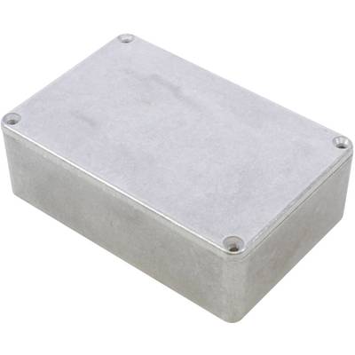 Boîtier rectangulaire en aluminium argenté ; plat avec des coins arrondis, adapté comme carter de protection pour équipements électroniques.