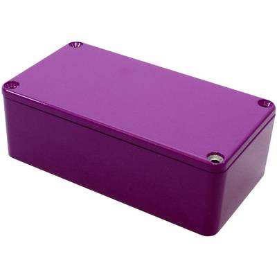 Boîte rectangulaire en métal lilas avec des coins arrondis et des trous pour vis.