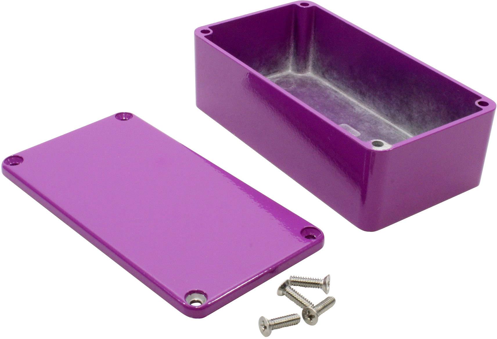 Boîtier métallique en magenta, composé d'un boîtier rectangulaire et d'un couvercle amovible, à côté de quatre vis.