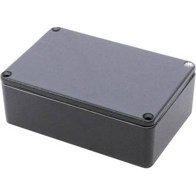 Boîtier noir rectangulaire aux coins arrondis, adapté aux composants électroniques ou comme boîtier de protection.