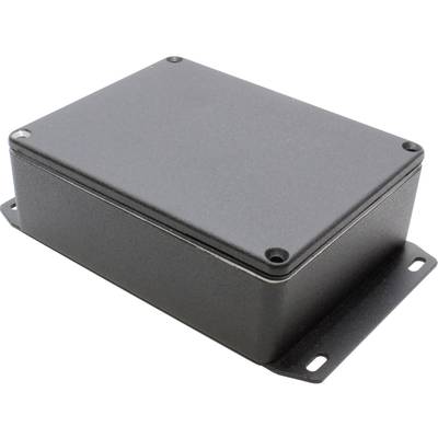 Un boîtier rectangulaire en métal noir avec des coins arrondis et quatre vis de fixation, adapté aux composants électroniques.